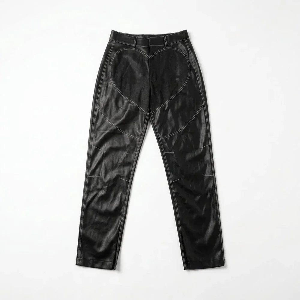 Maniere De Voir Heart Vegan Leather Pants - Black Denim Patchwork Size 8 - Picture 1 of 4